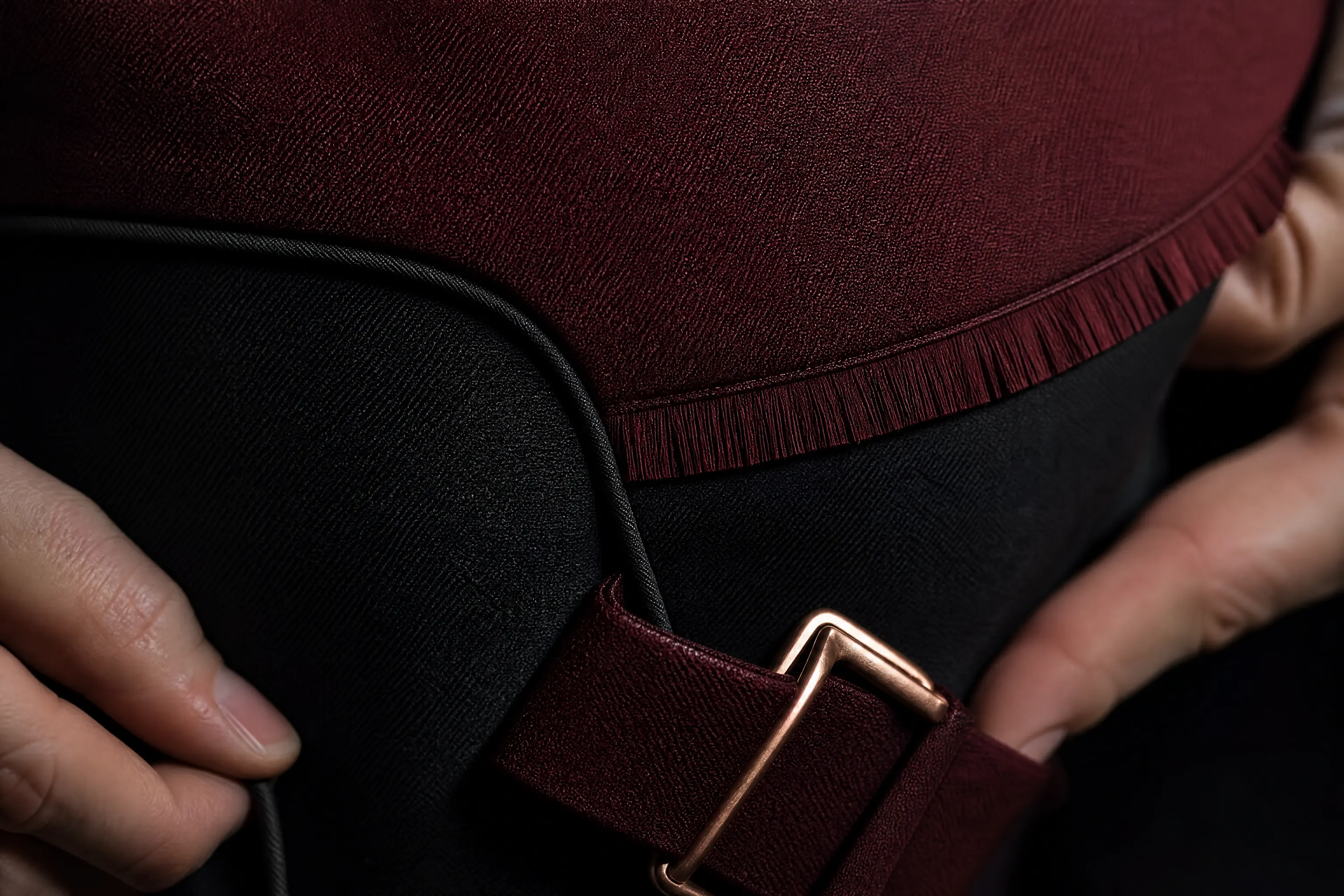 Close detail of curved seams, fringe and buckle